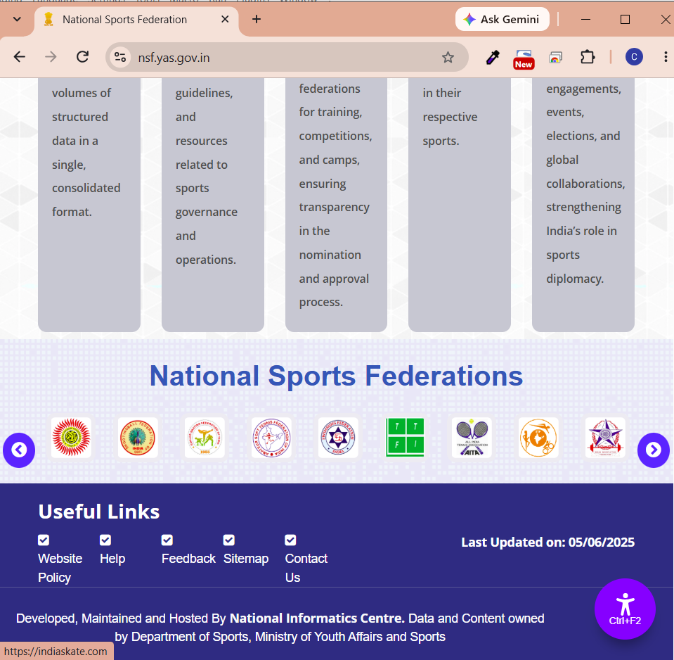 National Sports Federation portal listing Roller Skating Federation of India
