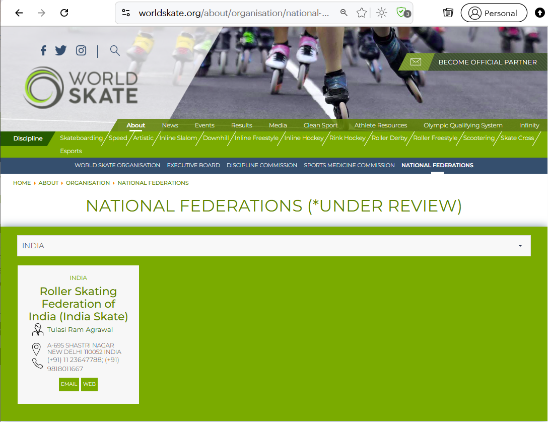 World Skate official national federation listing for India